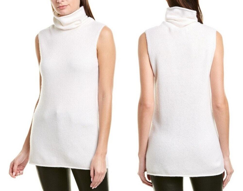 Vince Sweater Womens XS Cream Ribbed Wool Cashmere Sleeveless Tunic Mock Neck